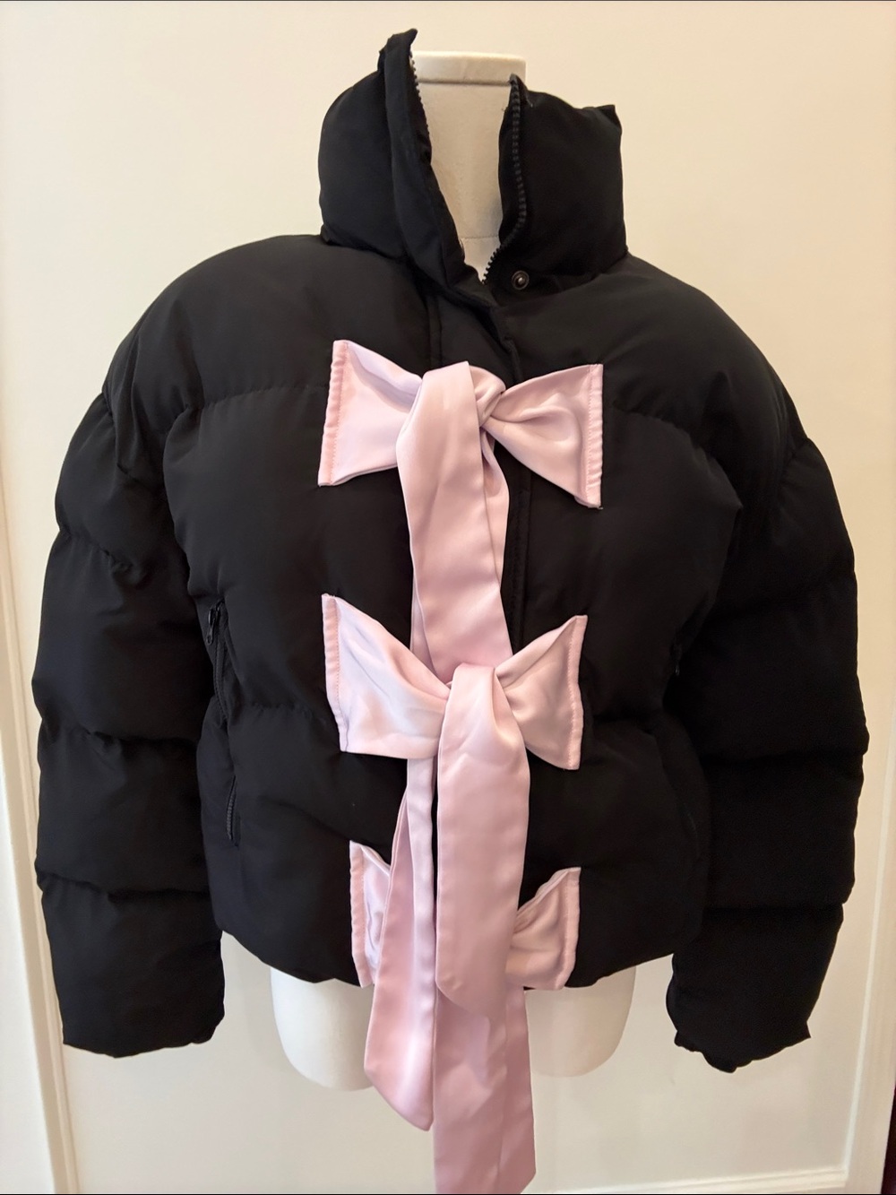 Dot & Lu Black Puffer Jacket with Pink Bow Accents
